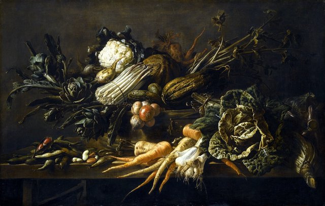 Still life of artichoke, asparagus, green cabbage, onions, beans, carrots and other vegetables, all upon a wooden bench by Adriaen van Utrecht