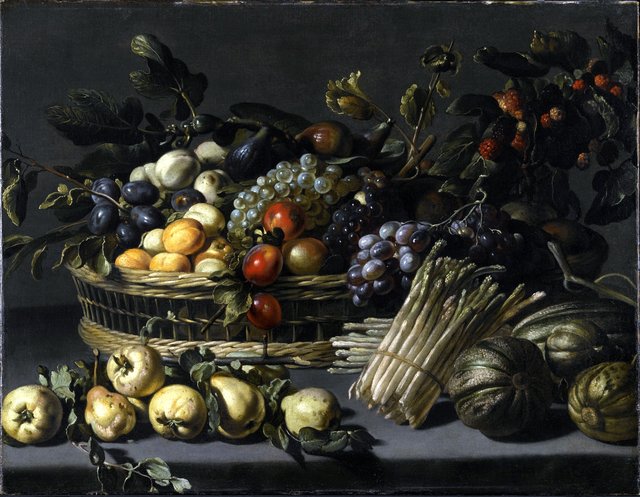 Still life with fruit piled high in a basket, surrounded by quinces, melons and asparagus on a ledge by Adriaen van Utrecht