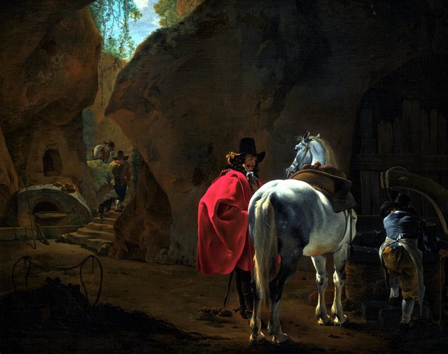 A gentleman with a grey horse in a cavernous landscape by Jan Asselijn