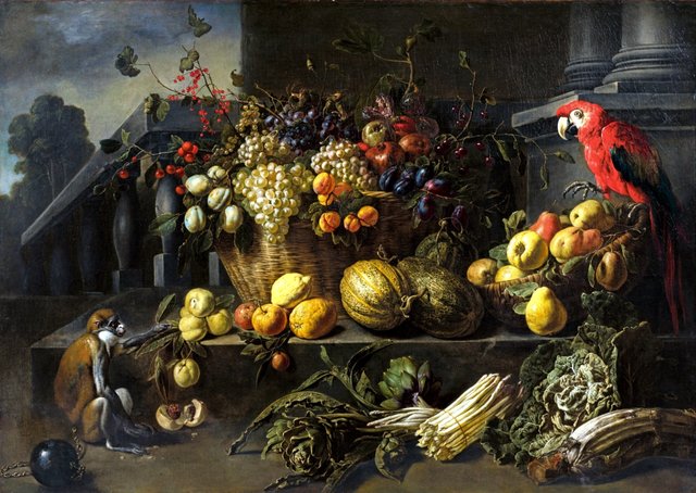 Still life with fruits, vegetables, a monkey and a parrot in a garden by Adriaen van Utrecht