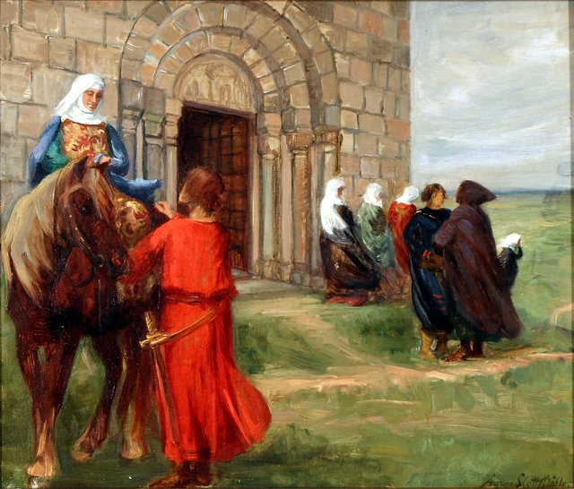 Proud Adelus meeting Terkel in front of the church. by Agnes Slott-Møller