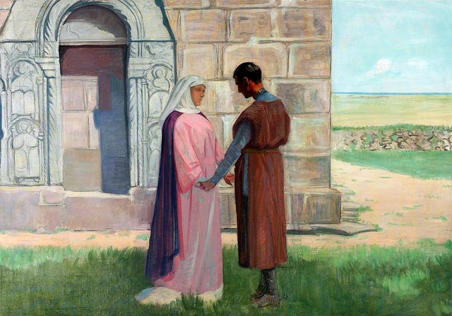 Scene described in a folk song. by Agnes Slott-Møller
