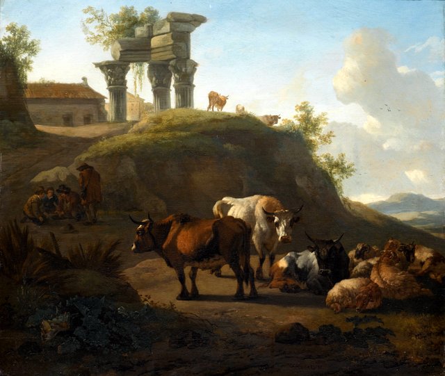 Cattle and sheep with peasants and ancient ruins beyond by Willem Romeyn