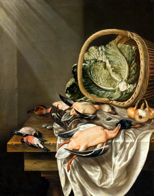 Kitchen still life with an overturned basket of lettuce, game and vegetables by Jacob Biltius