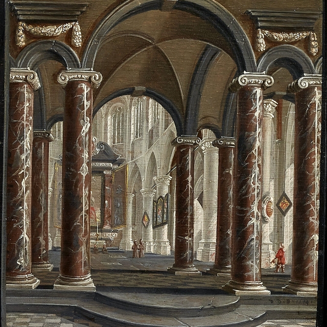 Church interior with marble columns by Daniël de Blieck