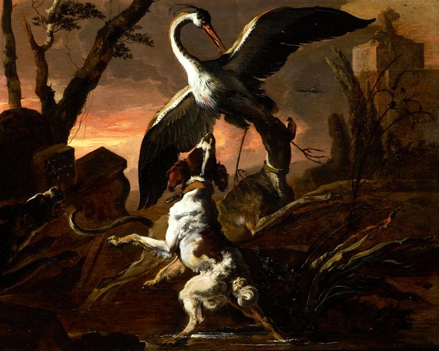 Three dogs attacking a crane in a landscape by Abraham Hondius