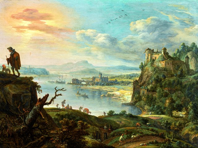 An extensive mountain landscape with a view over a river valley by Herman Saftleven