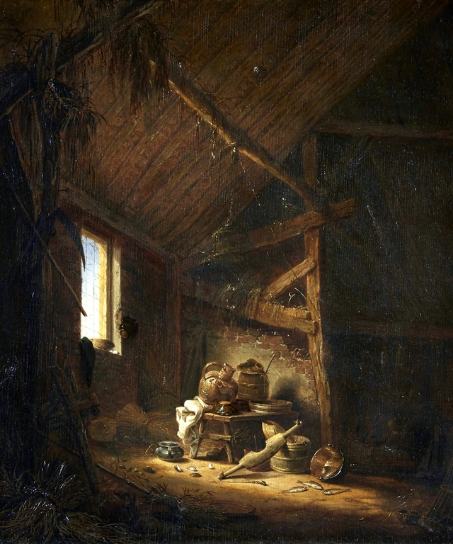 A barn interior with light streaming through a window by Herman Saftleven