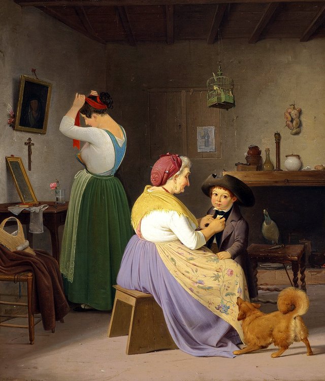 A Grandmother tidying up a little Boy, while his Mother is dressing in front of a Mirror. by Albert Küchler
