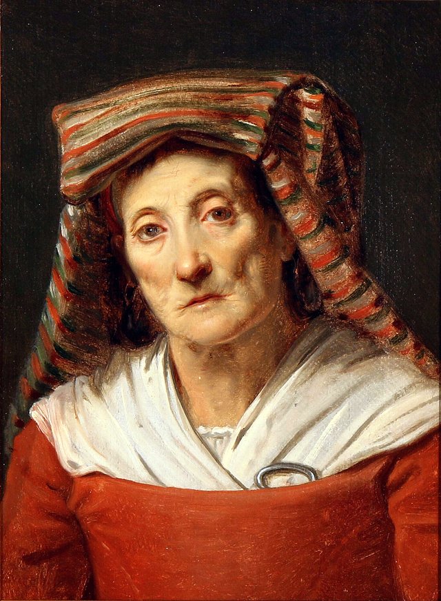 An Italian woman in a red dress and a striped headdress by Albert Küchler