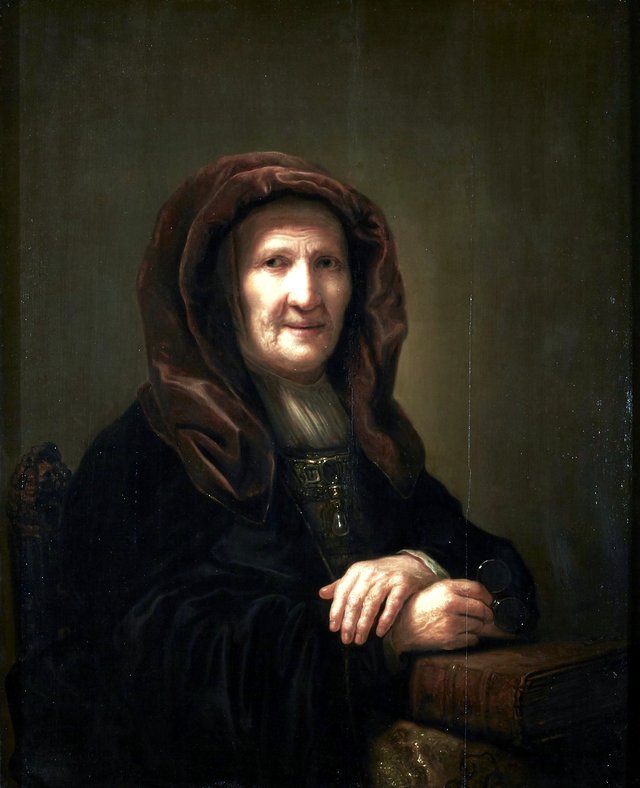 A tronie of an old woman seated, holding spectacles in her right hand by Pieter Hermansz Verelst