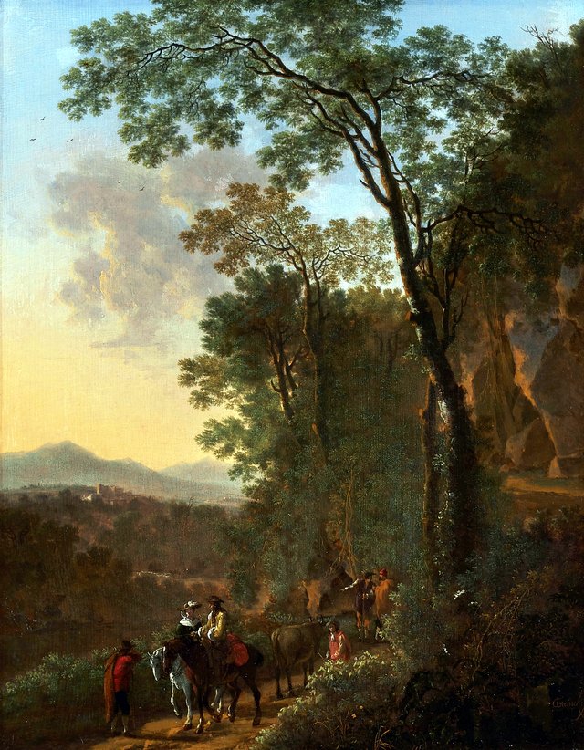 An elegantly dressed couple on horseback on a path with other travellers in a southern landscape by Willem de Heusch