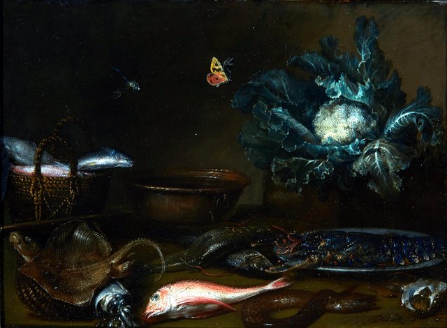 Kitchen still life with fish, a lobster, and a cauliflower all on a table top, with a butterfly and a dragonfly by Otto Marseus van Schrieck