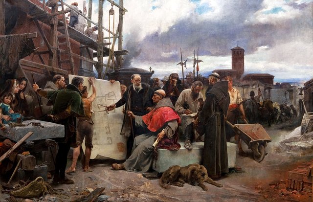 Cardinal Cisneros directs the construction of the Hospital of the Charity. by Alejandro Ferrant y Fischermans