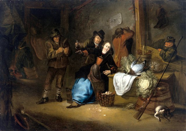 A rustic interior with a seated woman and other figures making merry by Gerrit Lundens