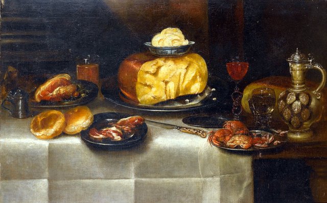 Cheese, ham, bread, crabs, two glasses, an inlaid knife and a Bembel on a table top by Alexander Adriaenssen
