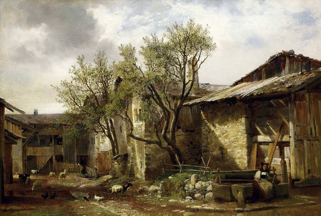 Ferme avec paysanne et animaux by Alexandre Calame