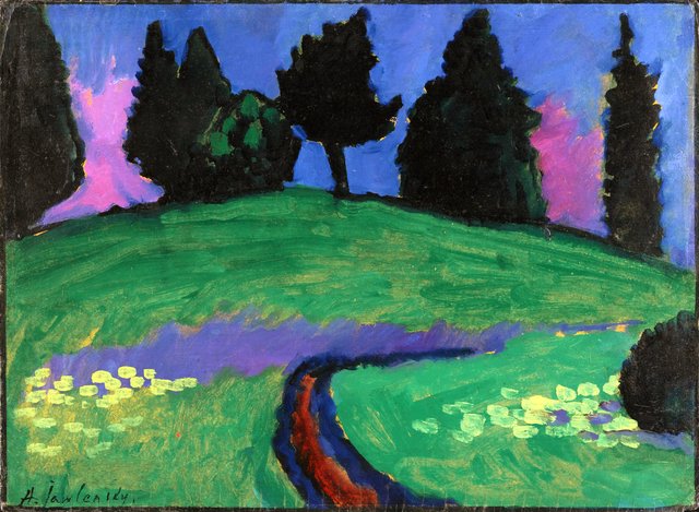 Dark trees over green slope by Alexej von Jawlensky