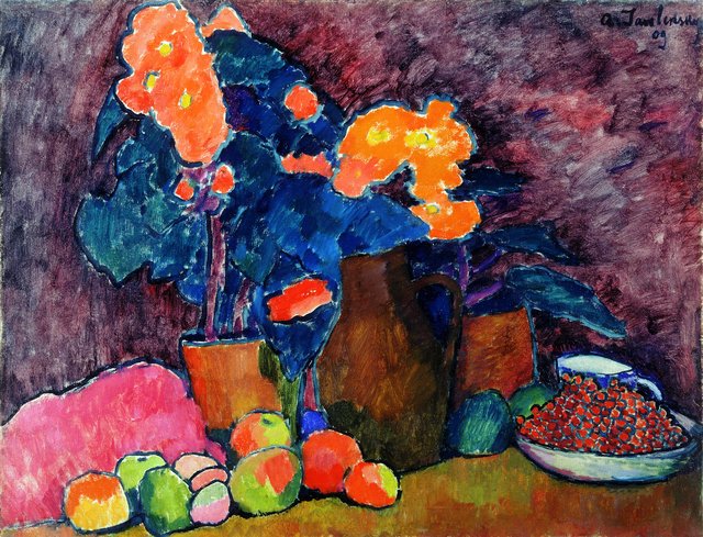 Flowers, fruit and jug by Alexej von Jawlensky