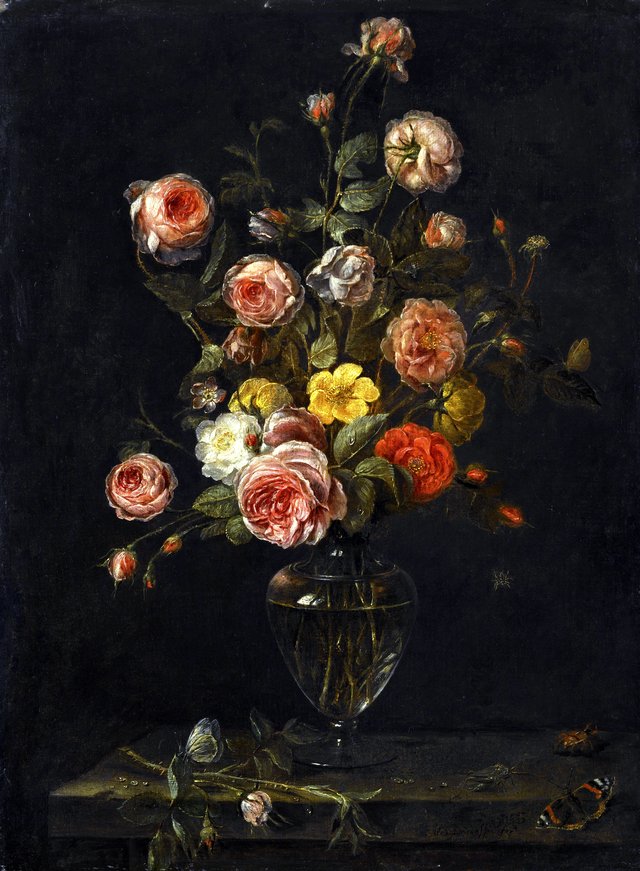 A still life with red, white and pink roses in a glass vase over a stone ledge with butterflies, a grasshopper and a beetle by Alexander Adriaenssen