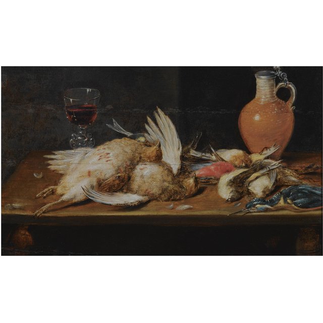 A still life with a robin, a kingfisher, partridges and songbirds, all on a wooden table, together with a glass and an earthenware jug by Alexander Adriaenssen