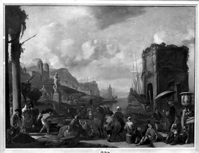 Southern harbor view with ancient ruins by Johannes Lingelbach