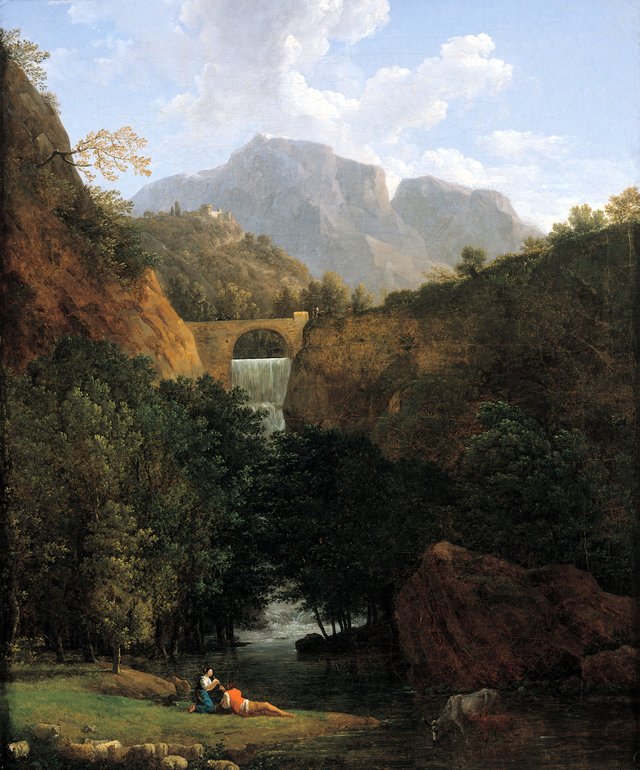 Mountainous landscape with a bridge in the centre by Jean-Joseph-Xavier Bidauld