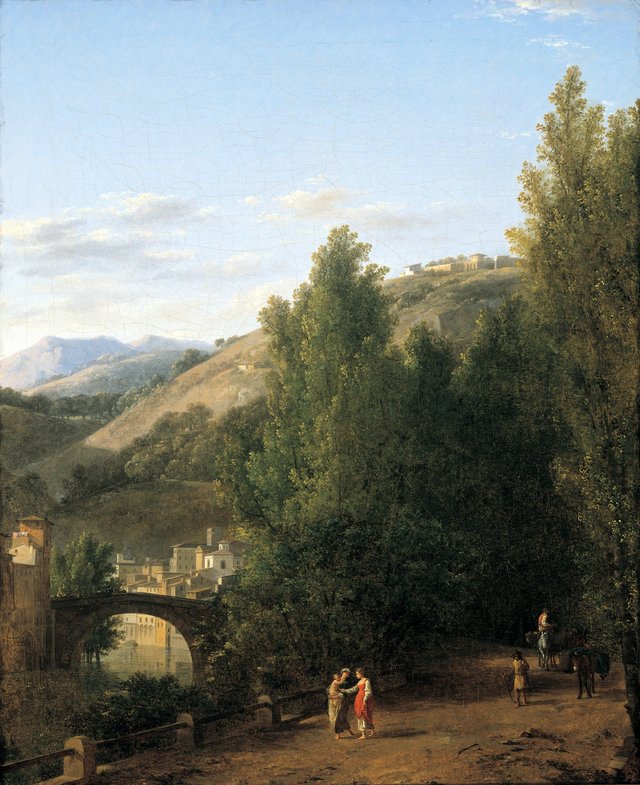 Mountainous landscape with a bridge on the left by Jean-Joseph-Xavier Bidauld