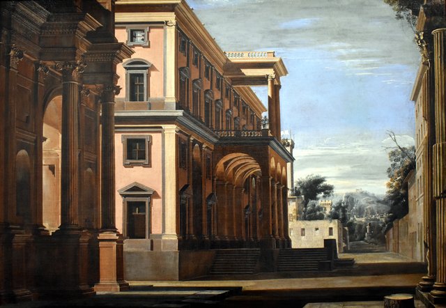 Vue perspective de l'extérieur d'un palais by Viviano Codazzi