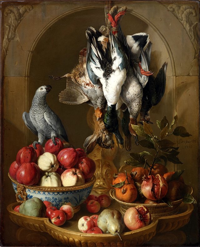 Nature morte au trophée de gibier, fruits et perroquet sur fond de niche by Alexandre-François Desportes