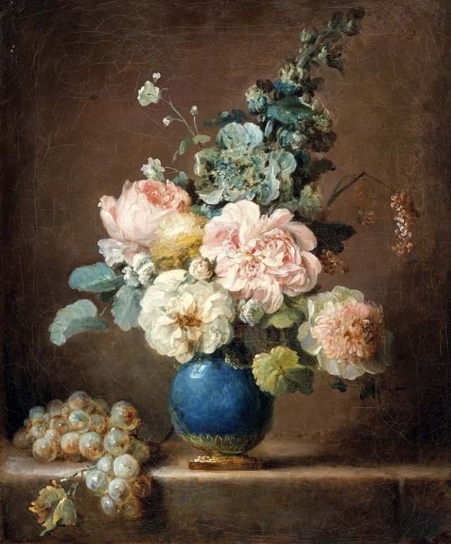 Vase of flowers and grapes on a stone ledge by Anne Vallayer-Coster