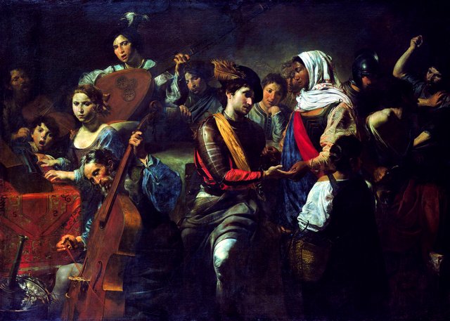 Cheerful company with fortune-teller by Valentin de Boulogne