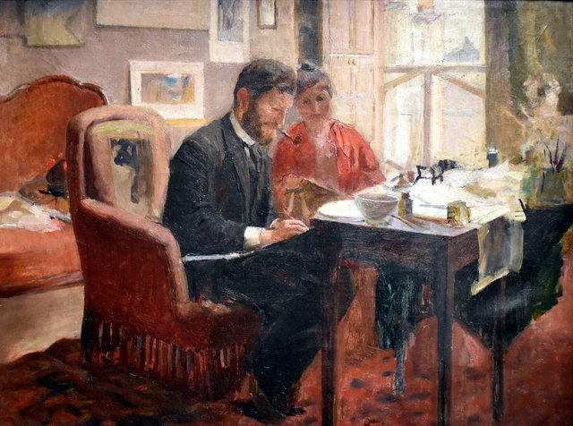 Self-portrait, sketching in his apartment, Paris by Alphonse Mucha