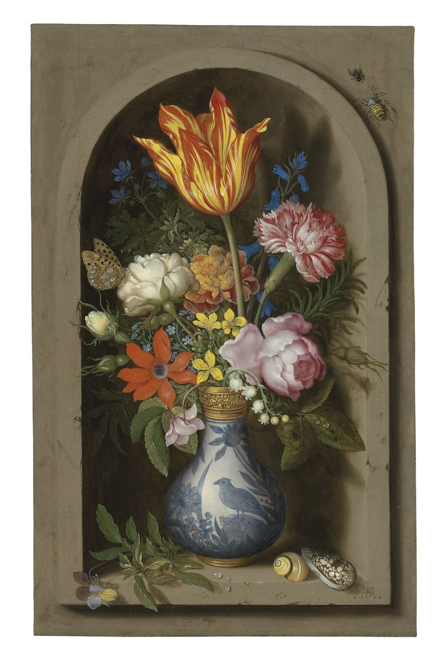 Flowers in a Wan-li gilt-mounted vase in a niche with shells and insects by Ambrosius Bosschaert