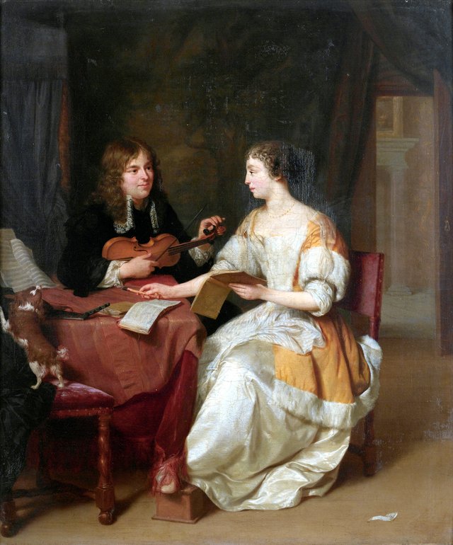 An elegant couple making music in an interior by Jan Verkolje