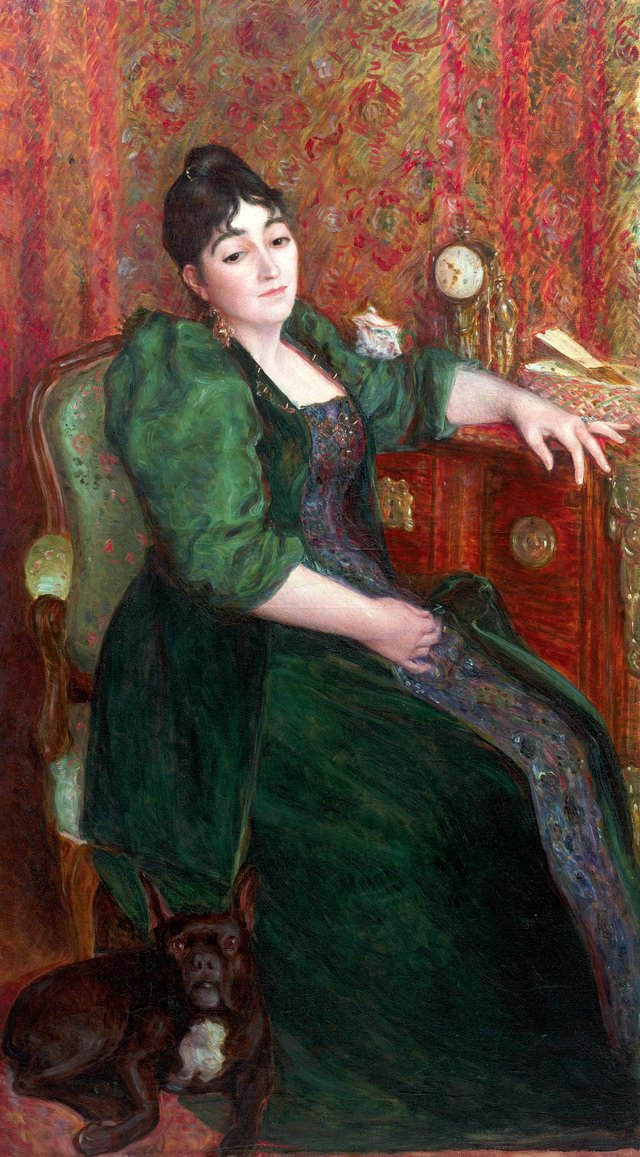 Self-portrait with her dog by Marie Bracquemond