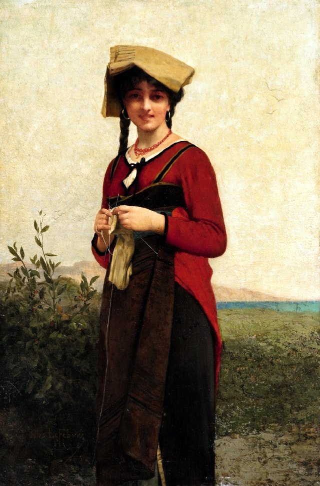 An Italian lady knitting by Jules Lefebvre