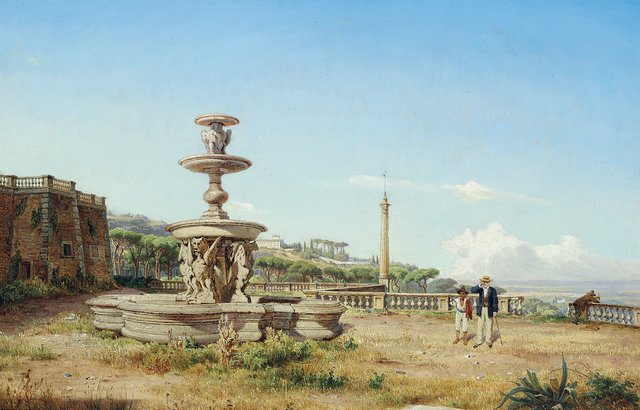 A mansion on a hillside outside Rome, with visitors at a fountain. by Anders Christian Lunde
