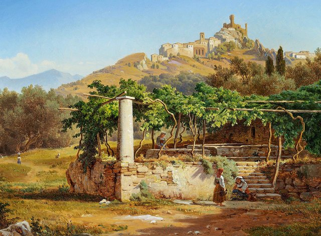 Italian landscape with a village on a mountain top by Anders Christian Lunde