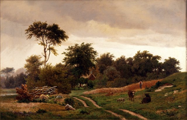Landscape with a small cottage and farmer returning from the fields by Anders Christian Lunde
