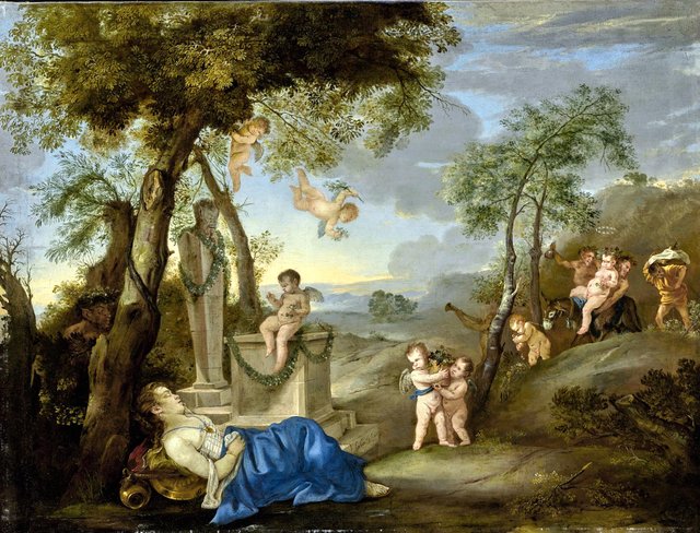 Ariadne Asleep in a Classical Landscape with Sulenus and his Retinue Approaching by Andrea di Leone