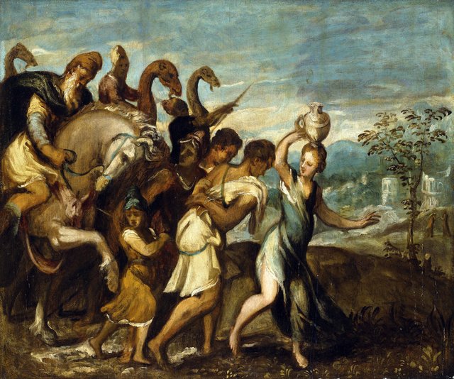 King Saul being greeted in triumph after David's defeat of Goliath by Andrea Schiavone