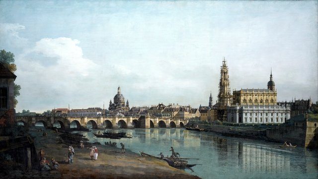 Dresden From the Right Bank of the Elbe Below the Augustus Bridge by Bernardo Bellotto