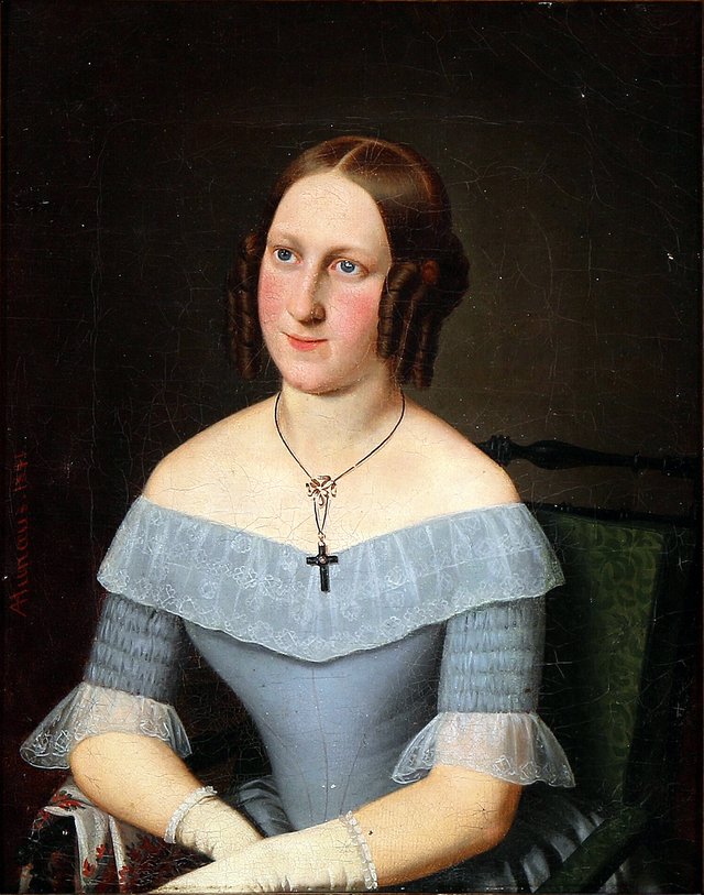 Portrait of a young woman wearing a blue dress and lace gloves by Andreas Herman Hunæus