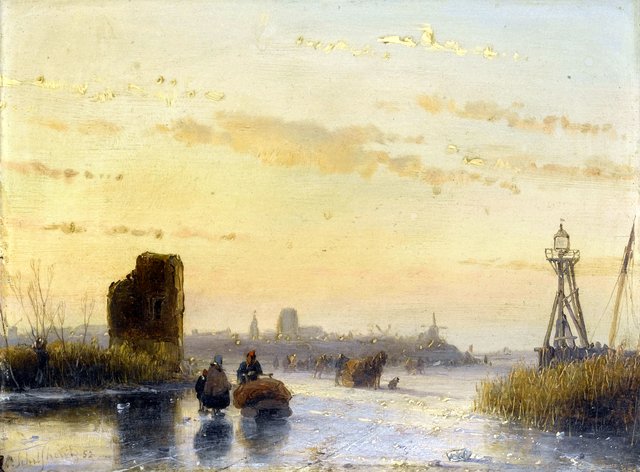 Figures on a frozen waterway by Andreas Schelfhout