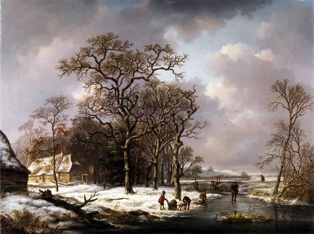 Winter landscape with gnarled oak trees by Andreas Schelfhout
