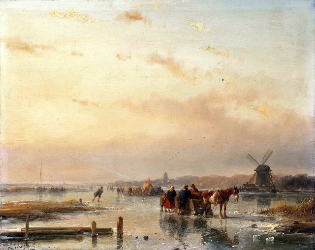 Gathered on the ice at the end of a winter's day by Andreas Schelfhout
