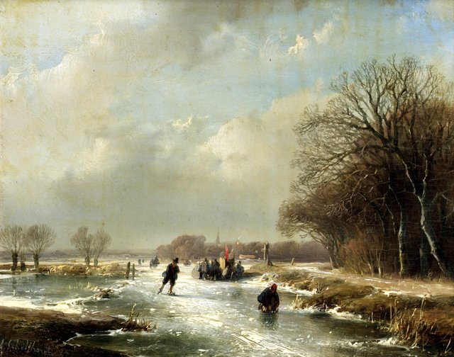 Winter landscape with skaters by Andreas Schelfhout
