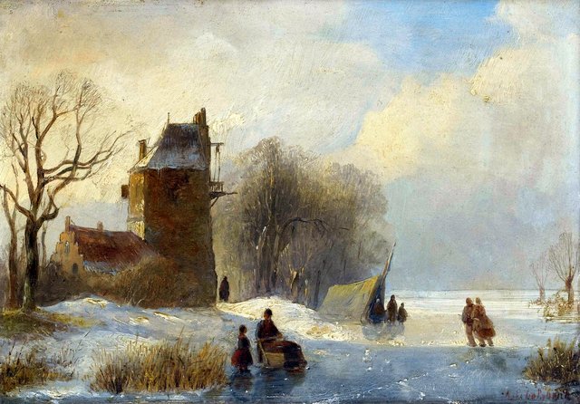 Skaters on the ice by a farmhouse by Andreas Schelfhout