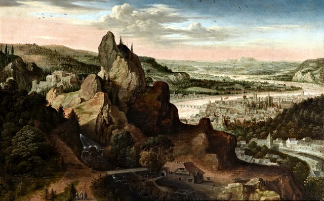 Panoramic Mountain Landscape, with a City, possibly Frankfurt, beyond by Lucas van Valckenborch